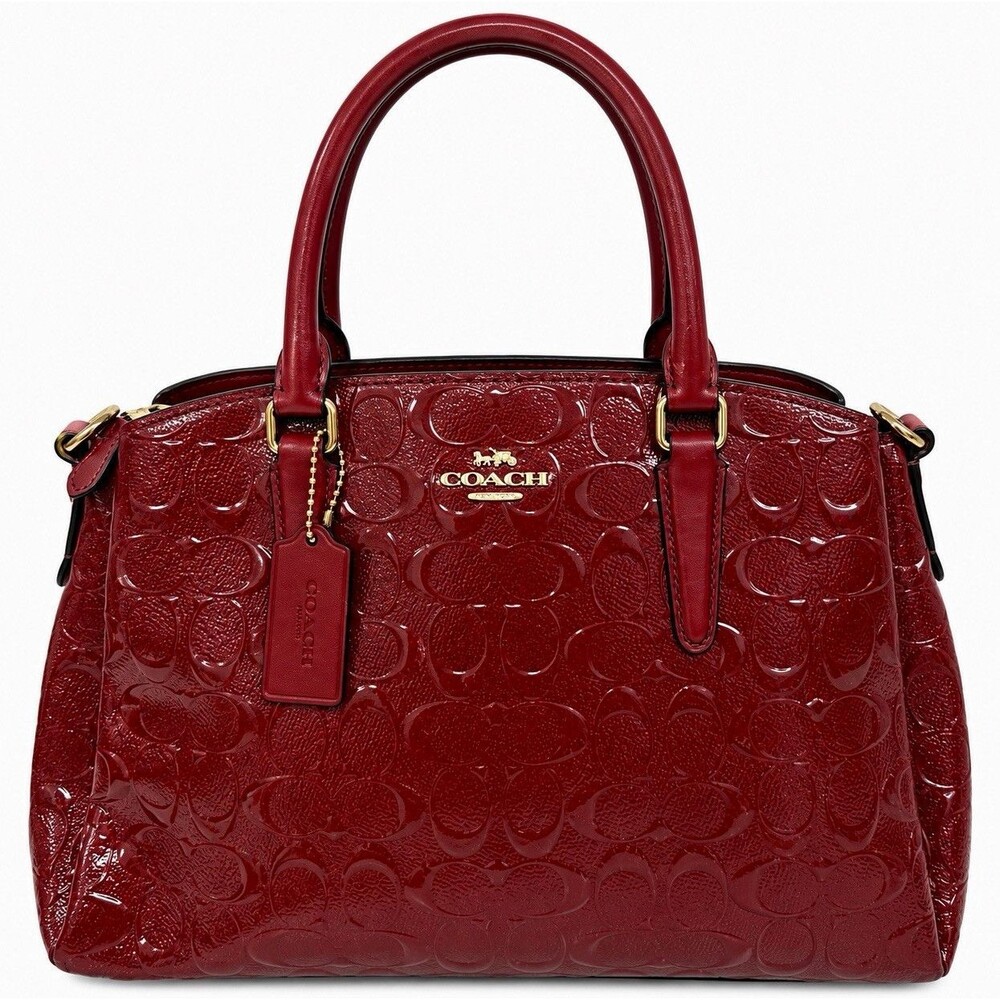 Coach Red Logo Patent Satchel Top Handle Zip Gold Hardware Hang Tag Charm